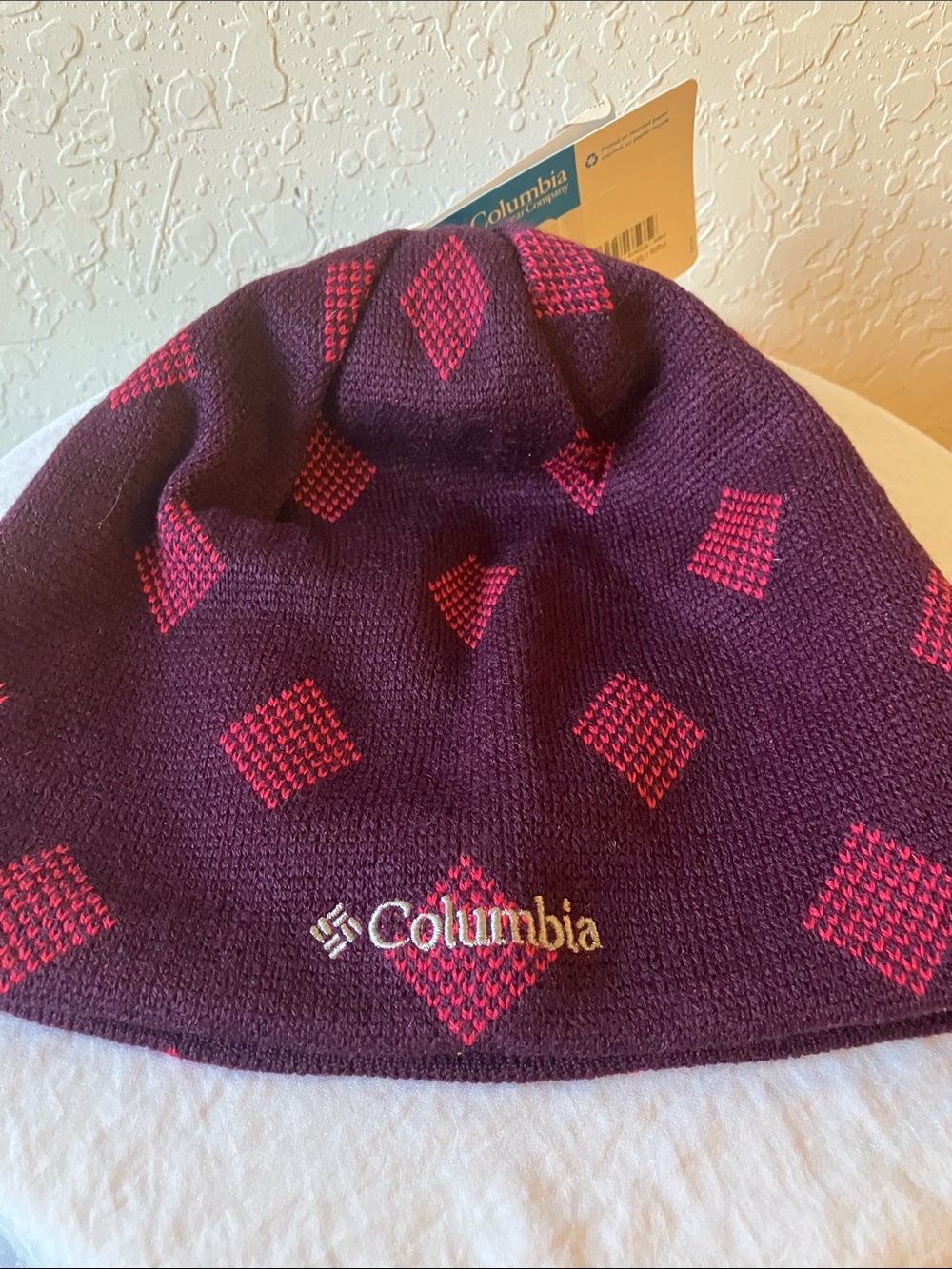 Columbia: Winter Beanie Hat- Purple & Pink Diamond Pattern- unisex- O/S